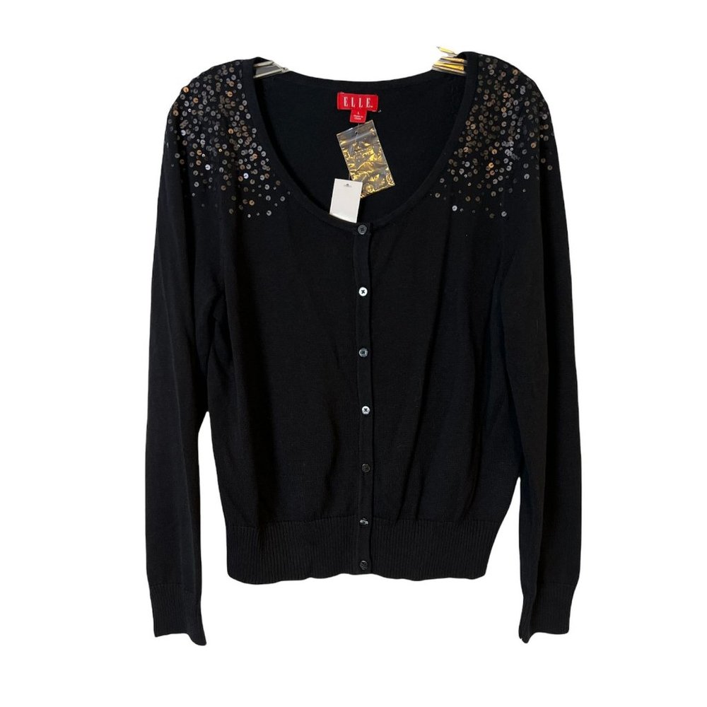 NEW Elle Cardigan Sequins Academia Long Sleeve Button Up Black Lady Luxe Large